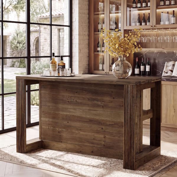 BYBLIGHT Walnut 35.43 in. H Solid Wood Bar Table Seat 4 Farmhouse