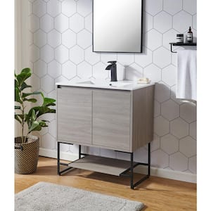 30 in. W x 18 in. D x 33 in . H Modern Fias Oak Bathroom Vanity with White Ceramic Sink Top