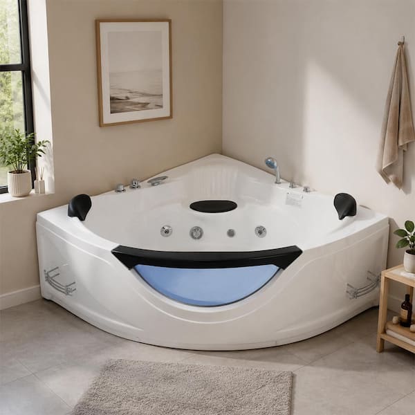 59 in. x 59 in. 2-Person Corner Acrylic Flatbottom Freestanding Whirlpool Bathtub in White with Faucets