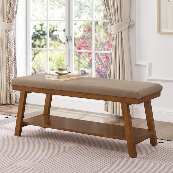 Modern 43.5 in. Brown Linen Upholstered Entryway Bench with Open Storage Shelf