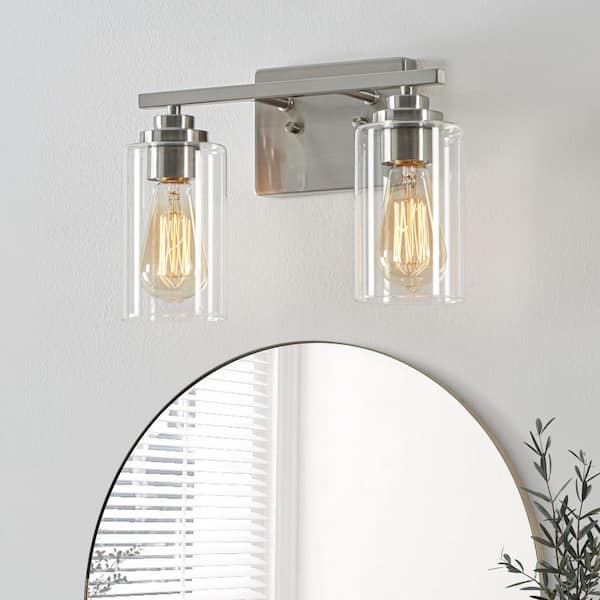 KAWOTI 13 in. 2-Light Brushed Nickel Vanity Light with Clear Glass Shade