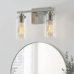 13 in. 2-Light Brushed Nickel Vanity Light with Clear Glass Shade