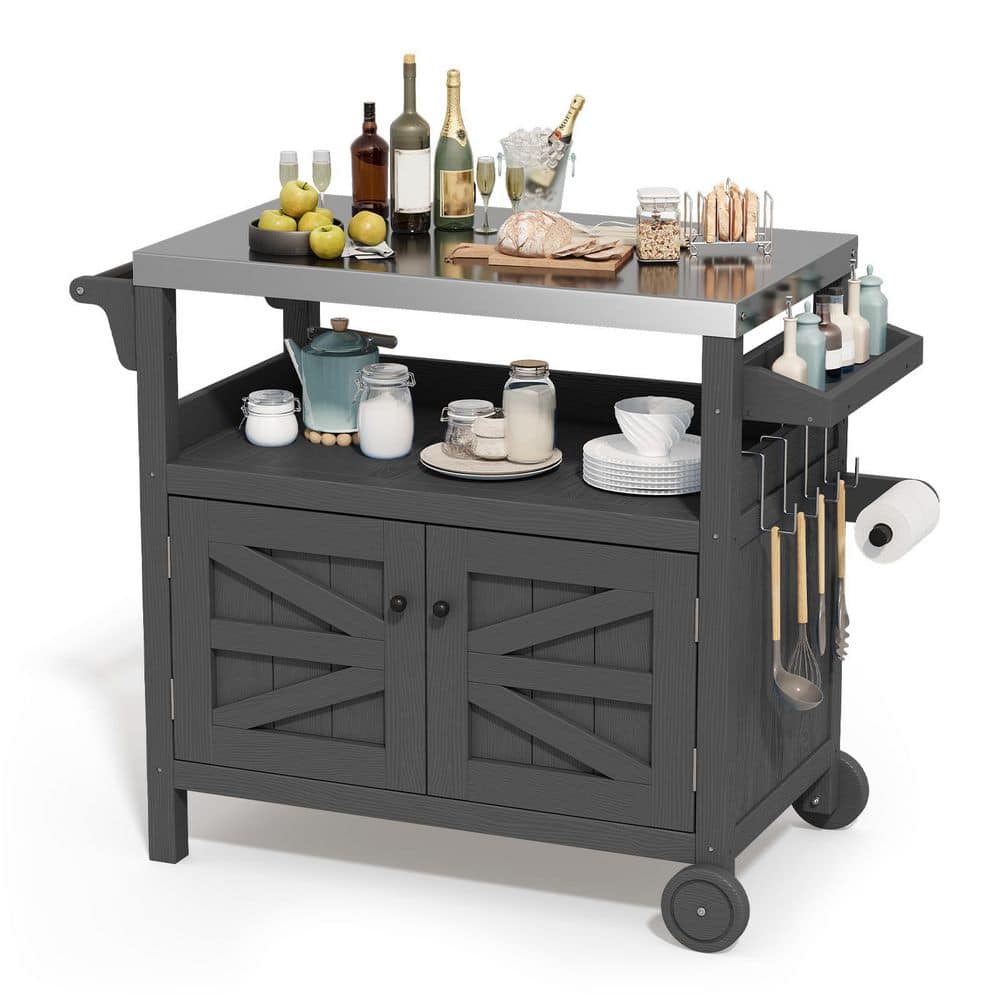Gray Outdoor HDPE Rolling Serving Cart with Stainless Steel Top and Storage Cabinet price history on PriceWatchPro