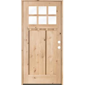 36 in. x 80 in. Craftsman 2 Panel 6-Lite w/Dentil Shelf Clear Low-E Left-Hand Unfinished Wood Alder Prehung Front Door