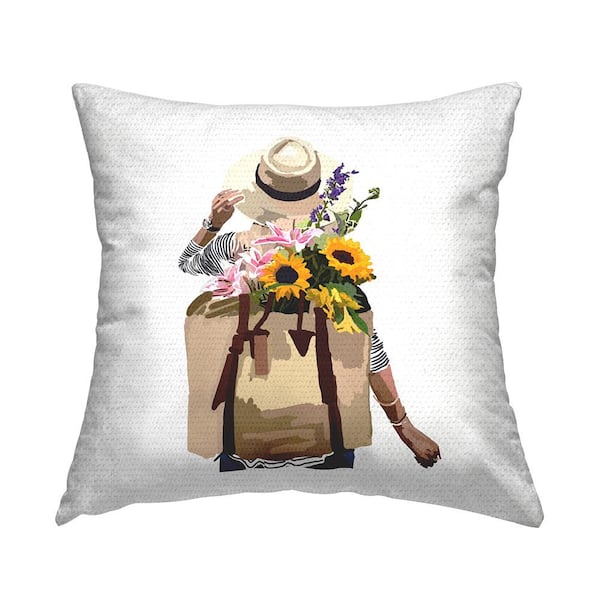 Stupell Industries Summer Floral Backpack Bouquet Blossoms Woman Multi-Color Square Outdoor Throw Pillow