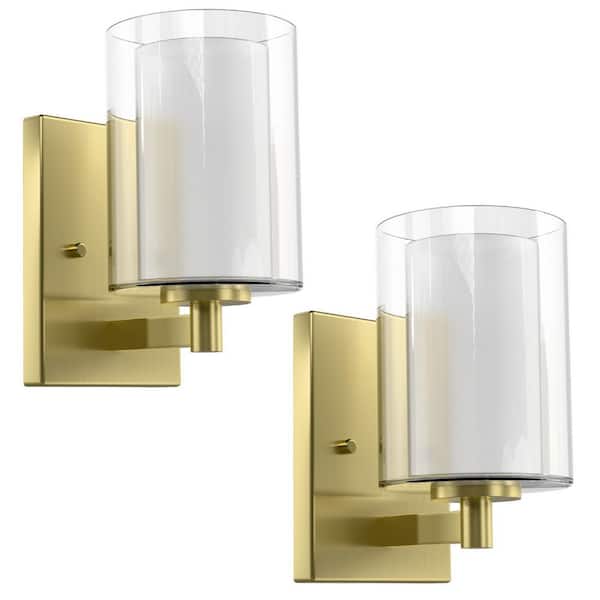 GMGSROM 5 in. 1-Light Gold Bathroom Vanity Light Wall Sconce with Double Glass Shade (Set of 2)