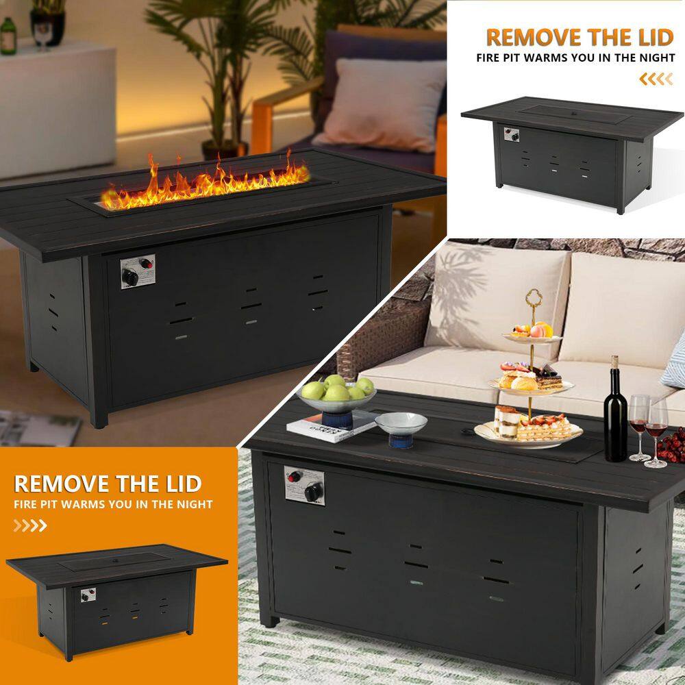 Outdoor fire pit table showing both the active flame and the table with the lid on.