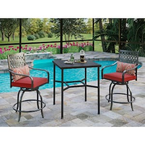 3-Piece Metal Outdoor Bar Height Dining Set with Red Cushions