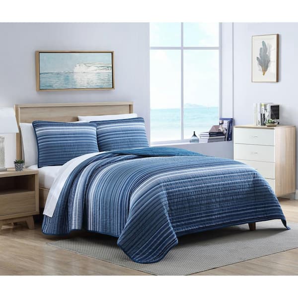Nautica Coveside 3-Piece Blue Striped Cotton King Quilt Set