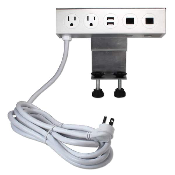 QVS Adjustable Desk Mount Dual-Power Outlets with Dual-USB 3.5 Amp Charger and Dual-CAT6 Ports