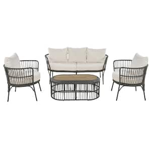 4-Piece Rattan Grey Outdoor Patio Conversation Set with Seating Set with Beige Cushions
