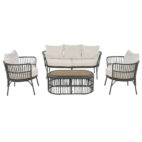 Boosicavelly 4-Piece Rattan Grey Outdoor Patio Conversation Set with Seating Set with Beige Cushions