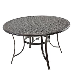 Round Outdoor Cast Aluminum Dining Bar Height Table with Umbrella Hole and Adjustable Foot Pads