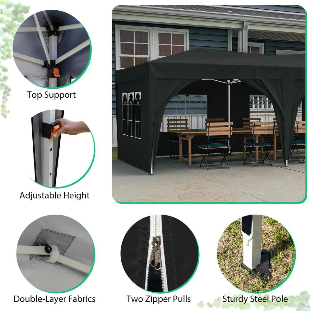 10 ft. x 20 ft. Black Steel Frame Pop-Up Canopy Tent with Adjustable Height and Sidewalls
