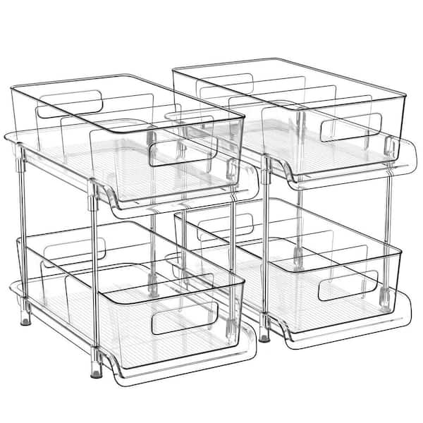 2 Packs 2-Tier Clear Pull Out Bathroom Organizer with Dividers, for Kitchen and Pantry Storage
