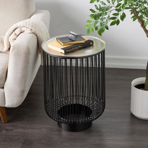 Litton Lane 16 in. Black Open Frame Wire Geometric Large Round Aluminum End Table with Silver Metal Top