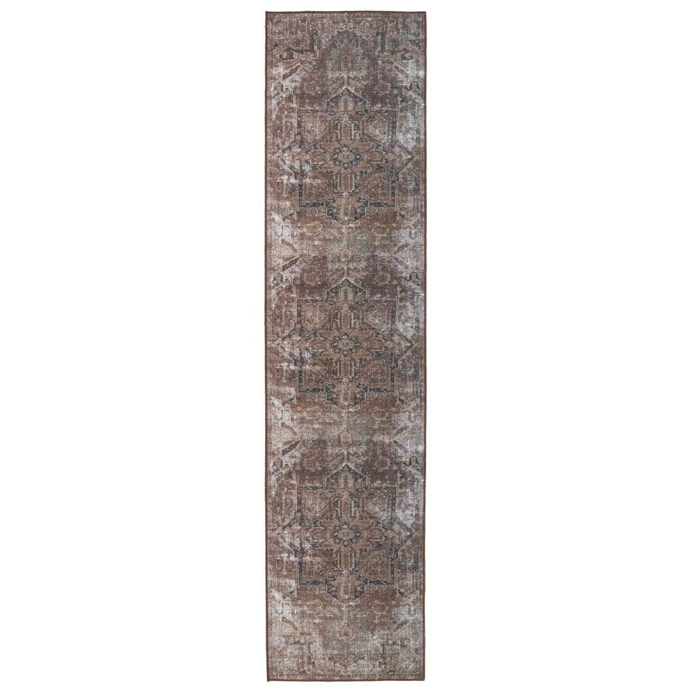  Machine Washable Minita Brown/Tan 3x10 ft. Medallion Polyester Runner Rug