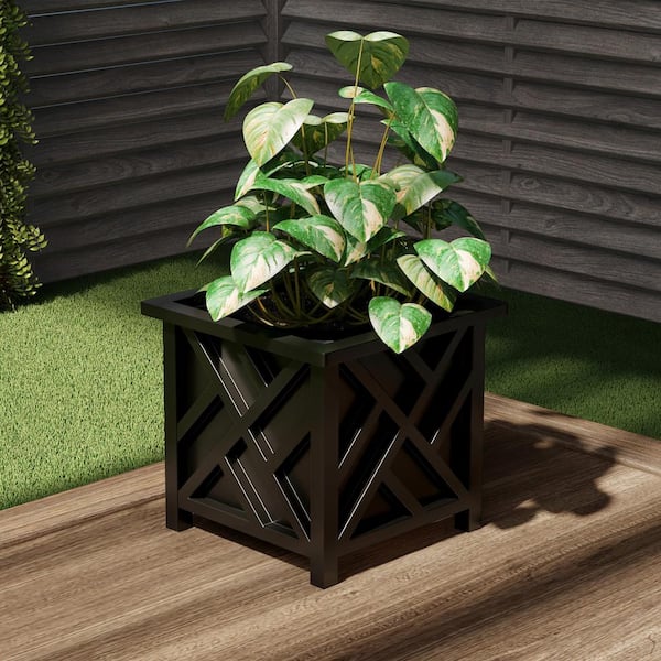 Pure Garden Black Plastic Square Planter Box with Lattice Pattern