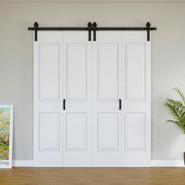 72 in. x 84 in. Paneled 4-Lite White Primed Hollow Core MDF Composite Bi-fold Door with Bifold Barn Door Hardware
