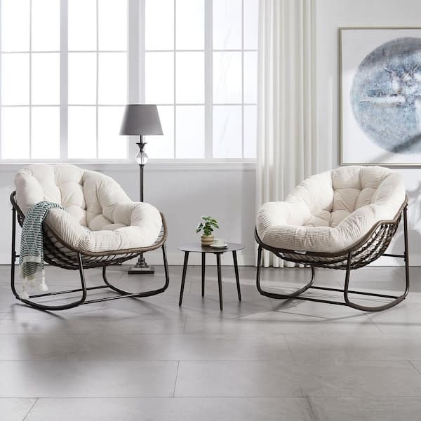 Mondawe Rattan Metal Outdoor Rocking Chair with Beige Padded