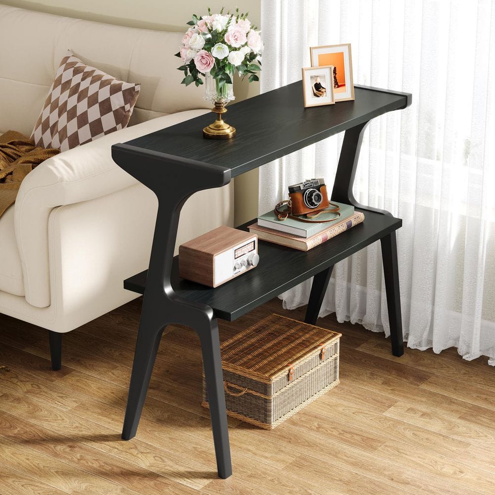 Kerlin 27.56 in. Black Rectangular Wood End Table, 2-Tier Sofa Side Table Narrow Couch Table for Living Room