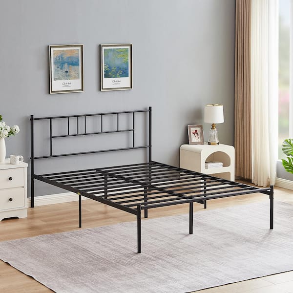VECELO Metal Bed Frame Queen Gray with Linen Upholstered