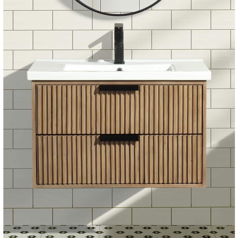 San Diego 30" Weathered Fir Wall-Mount Bathroom Vanity with Ceramic Top