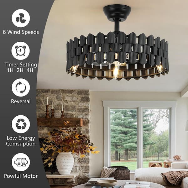 13.8 in. Modern Black Flush Mount Ceiling Fan with Light Minimalist Fandelier Fan and Remote Reversible Fan Blades
