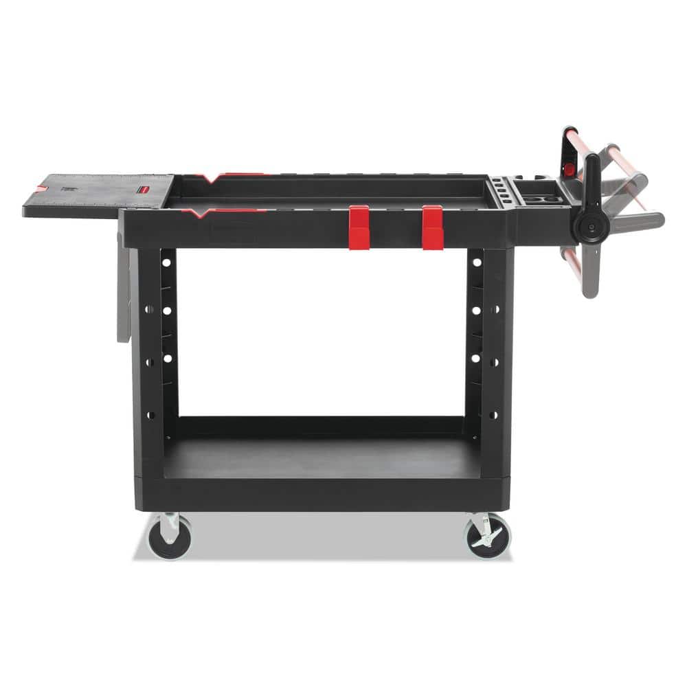 Heavy Duty Black Plastic Utility Cart with Adjustable Handle and Flip-Up Shelf