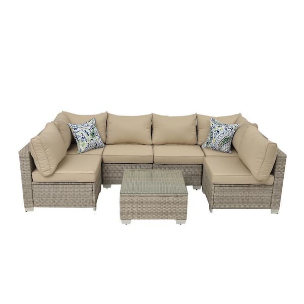 Cesicia Outdoor Grey 7-Piece Wicker Patio Conversation Set with Grey Cushions and Pillows