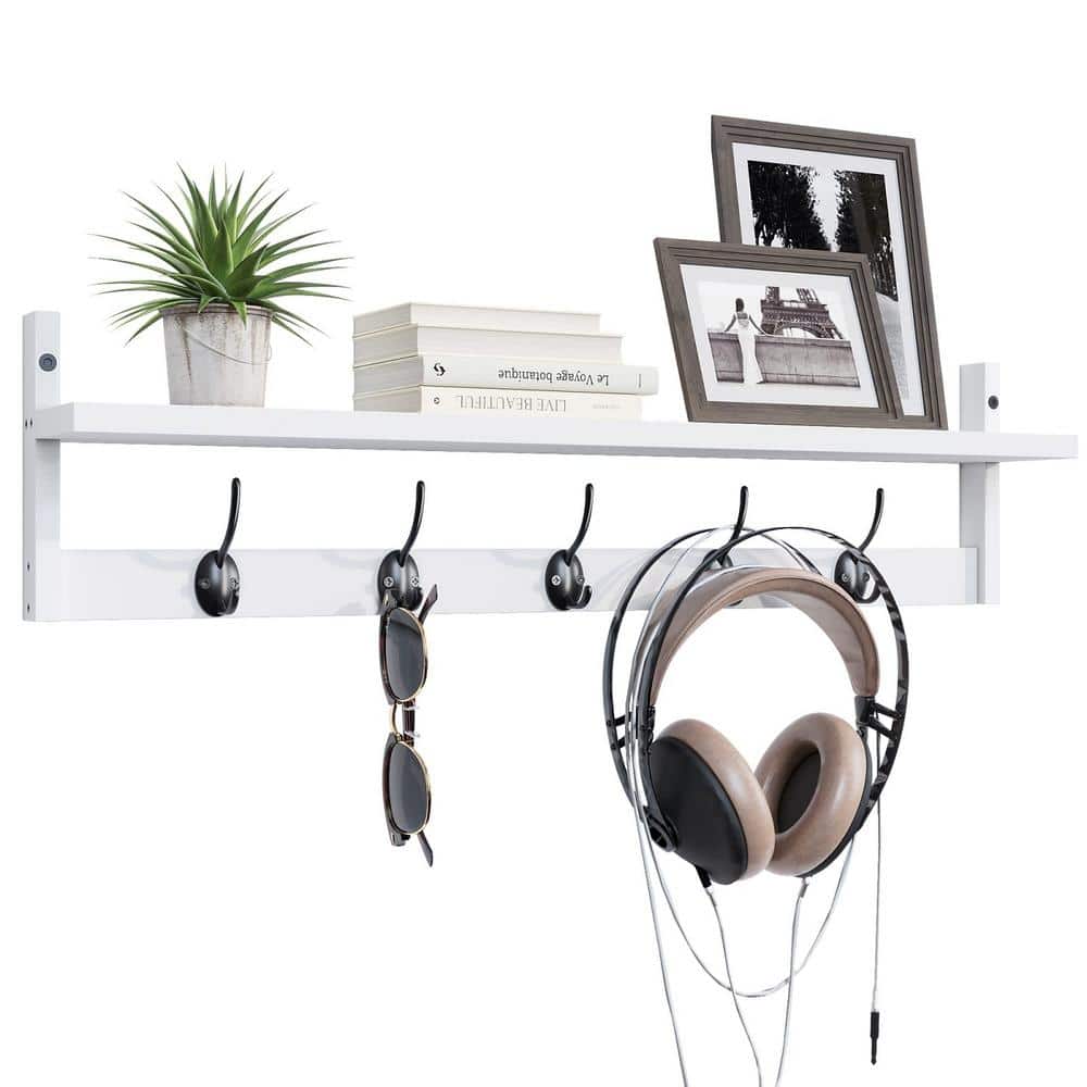 28.9 in. White Wall-Mounted Coat Rack with Wood Shelf and 5-Dual Hooks for 