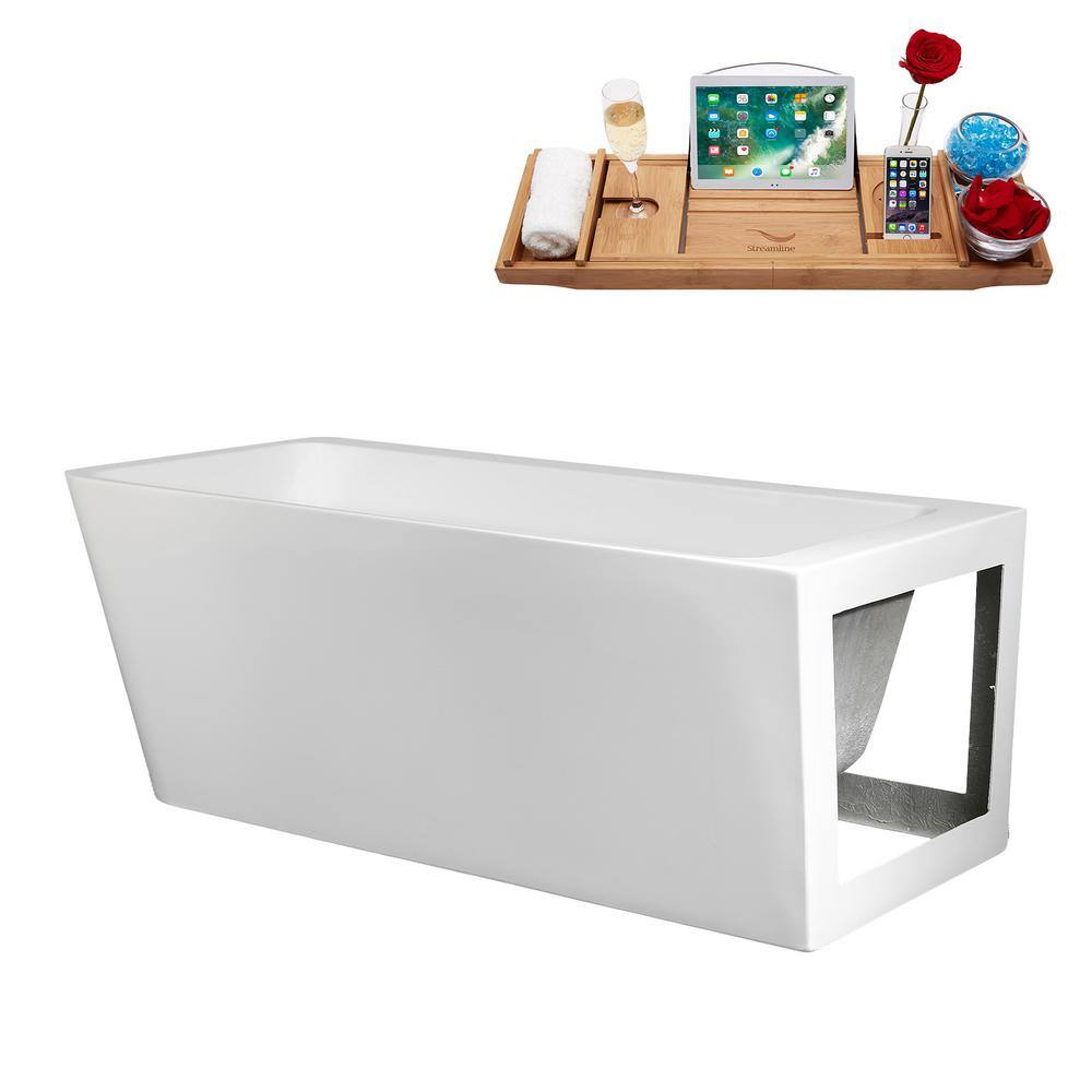 59" Glossy White Acrylic Freestanding Soaking Tub with Matte Black Trim
