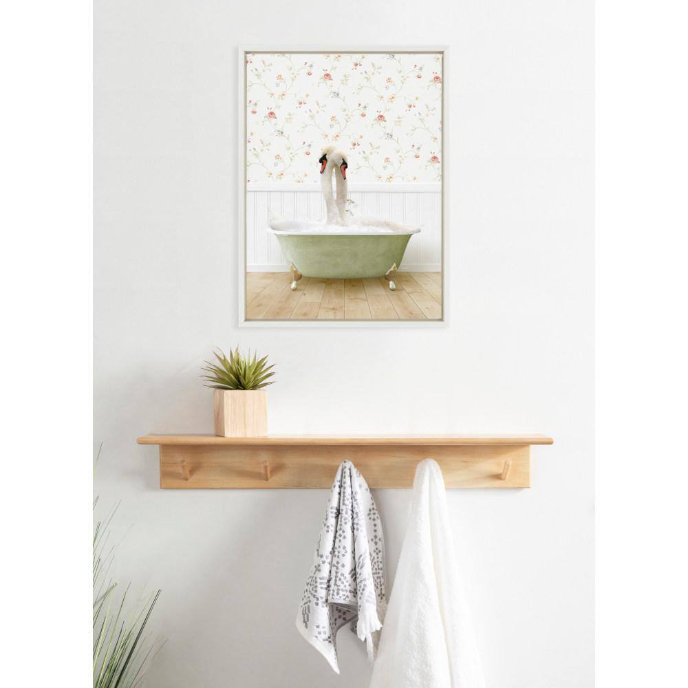 Whimsical Swans in Bathtub Framed Canvas Wall Art, 18x24 White