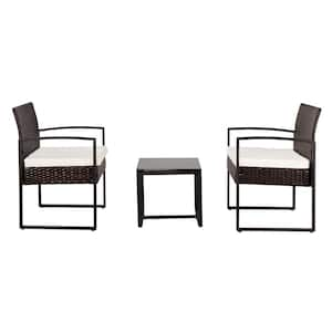 Black Frame 3-Piece Wicker Patio Conversation Set with Off White Cushions