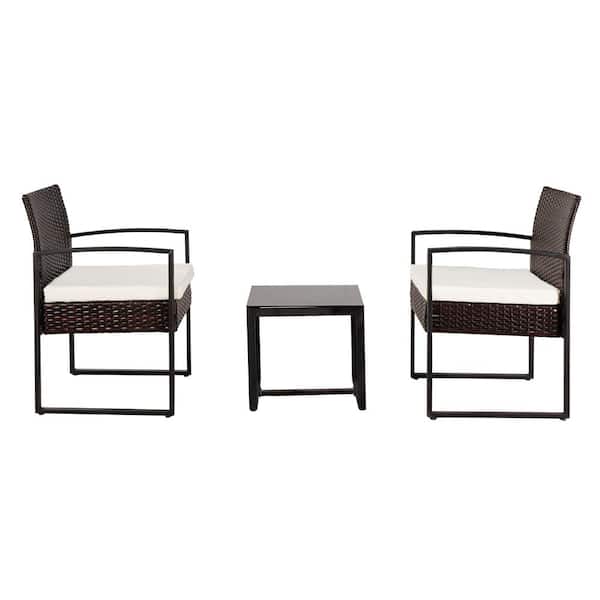 Karl home Black Frame 3-Piece Wicker Patio Conversation Set with Off White Cushions