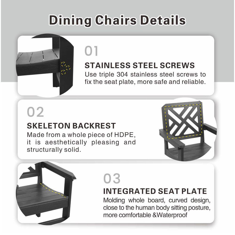 Details of the dining chairs construction and features.