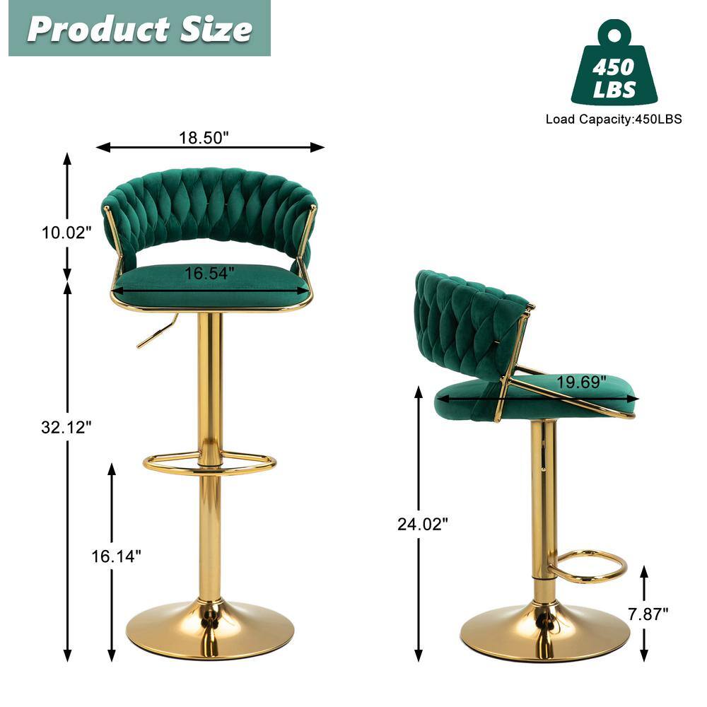 Emerald Green Velvet Adjustable Swivel Bar Stools with Gold Base, Set of 2