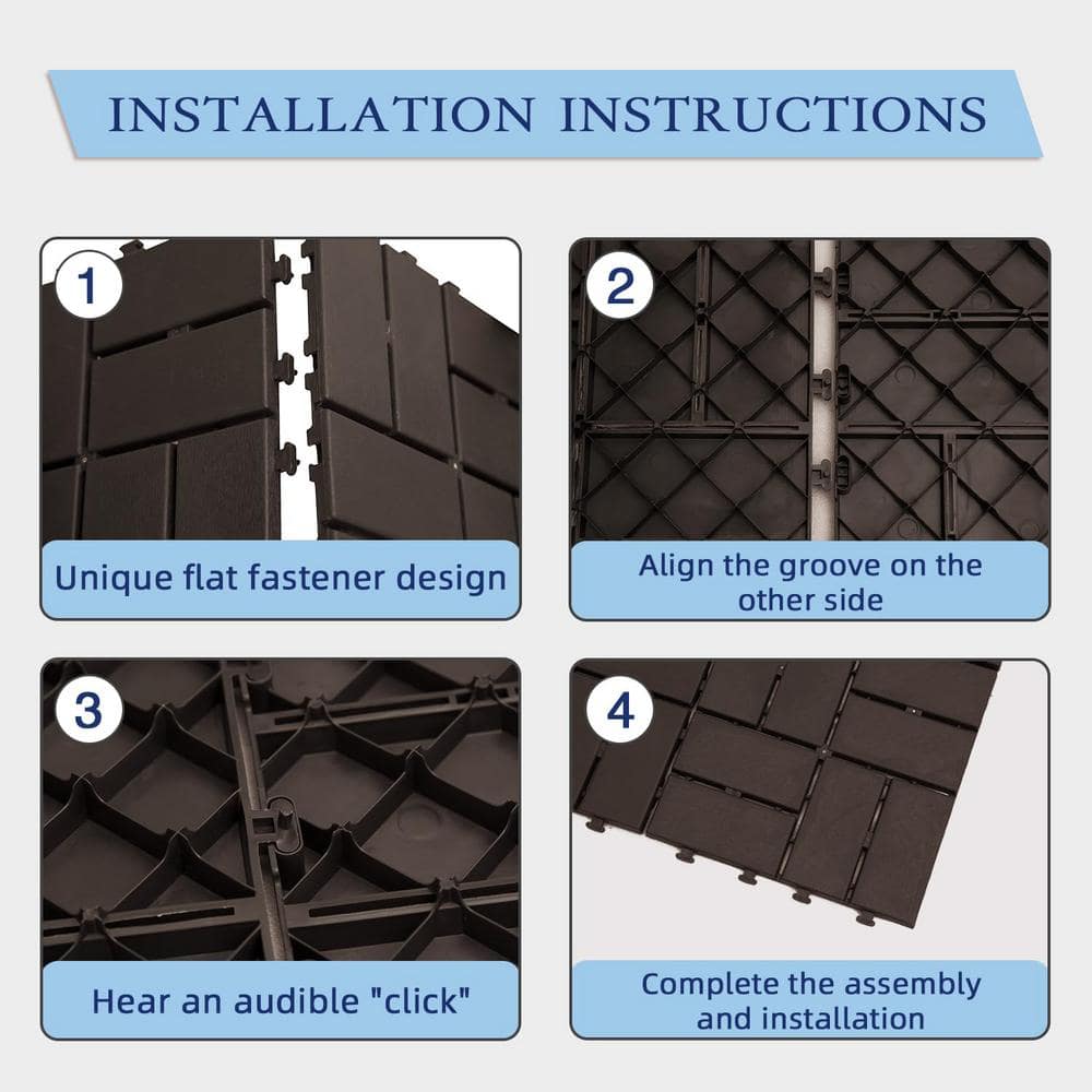 Dark Brown 12"x12" Interlocking Plastic Deck Tiles with Water Protection