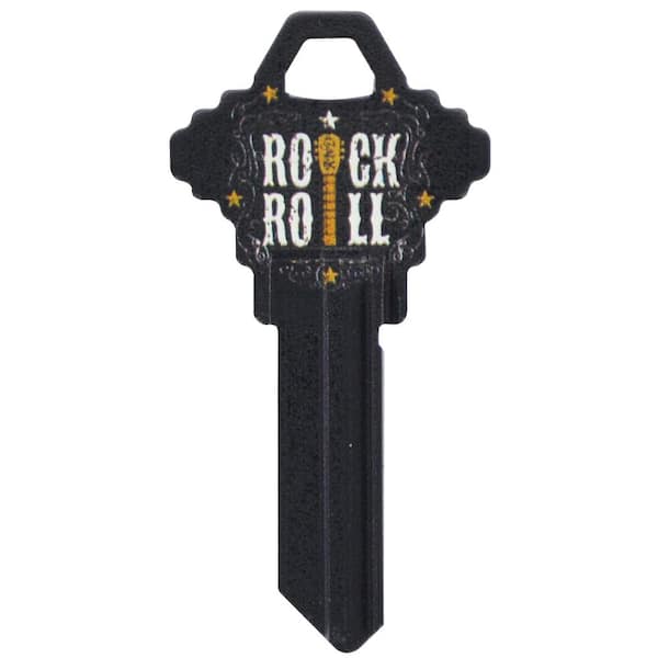 Schlage Brass House and Entry Key Blank Rock n Roll Design