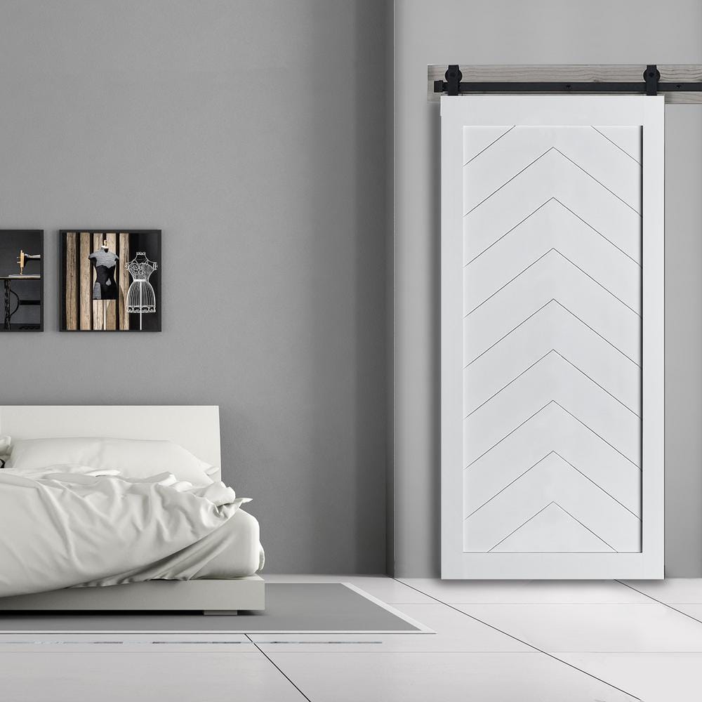 Herringbone 37 in. x 84 in. White Vinyl Finish MDF Sliding Barn Door Slab