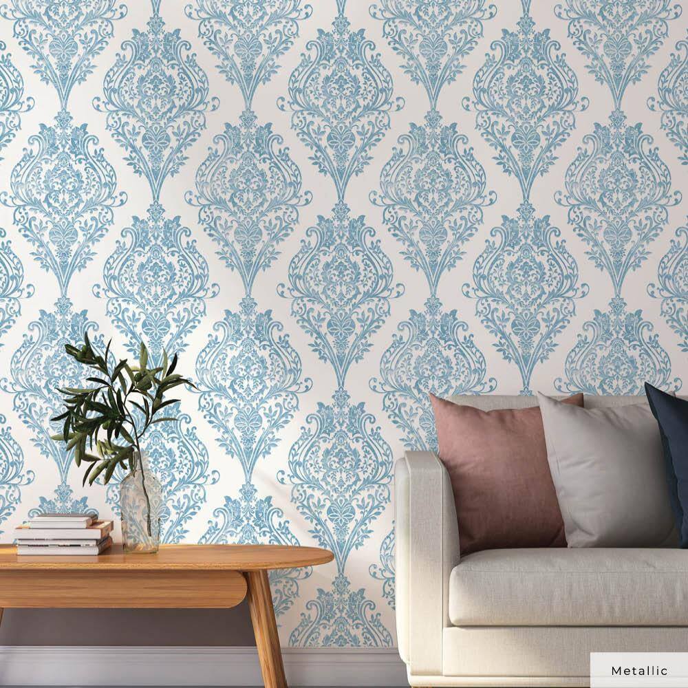 Coastal Blue Damask Non-Pasted Repositionable Wallpaper