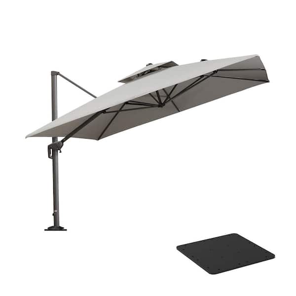 PURPLE LEAF 11 ft. Square 2-Tier Aluminum Cantilever 360° Rotation Patio Umbrella with Base Plate, Light Gray