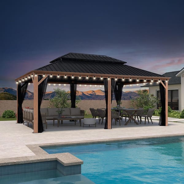 14 ft. x 20 ft. Wood Grain Patio Outdoor Gazebo for Backyard Hardtop Aluminum Frame with Hooks Upgrade Netting 48-Lights