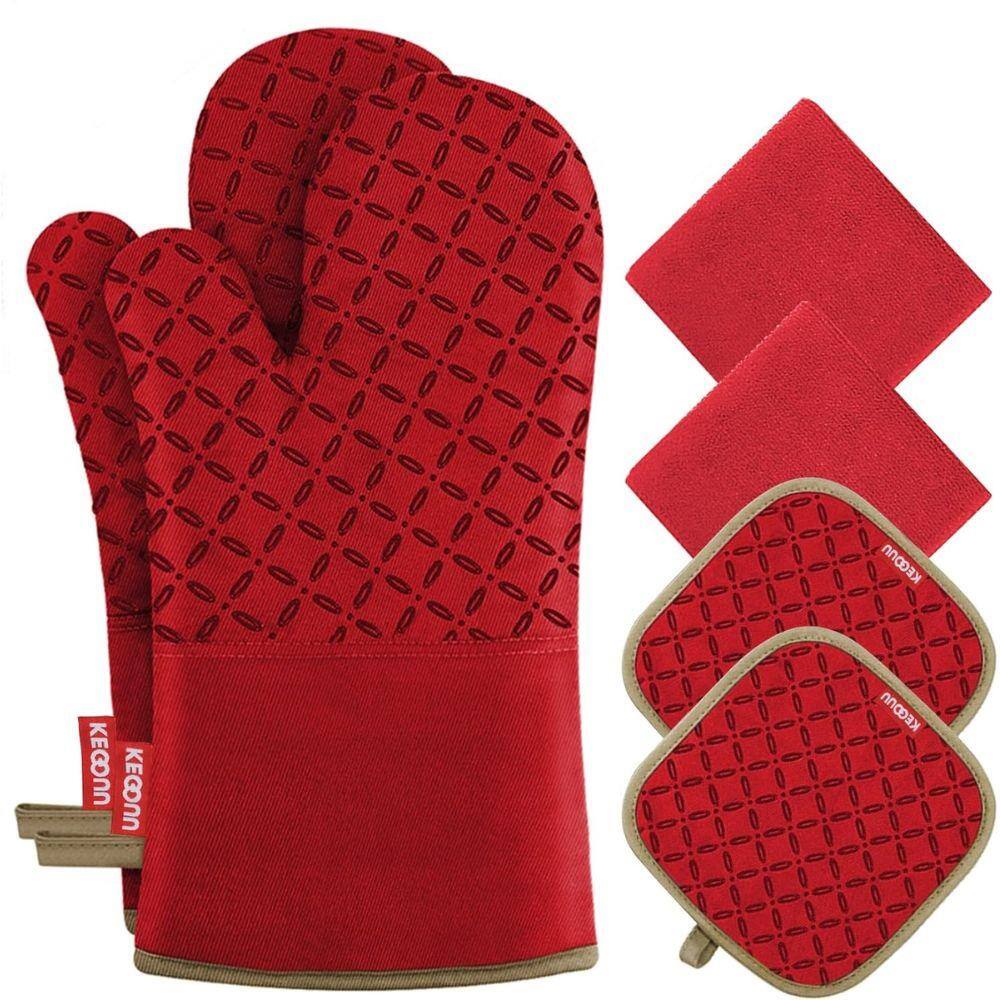 Red Heat-Resistant Silicone Oven Mitts and Pot Holders Set
