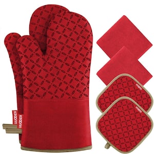 6Pcs Oven Mitts and Pot Holders with High Heat Resistant 500° and Non-Slip Silicon Surface for Cooking in Red