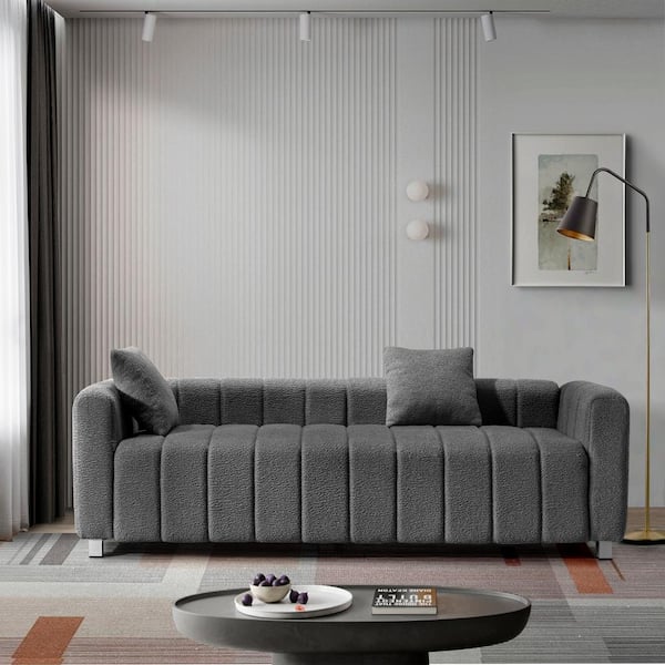 sumyeg 82 in. Wide Rolled Arm Teddy Velvet Mid-Century Modern Rectangle Sofa in. Gray