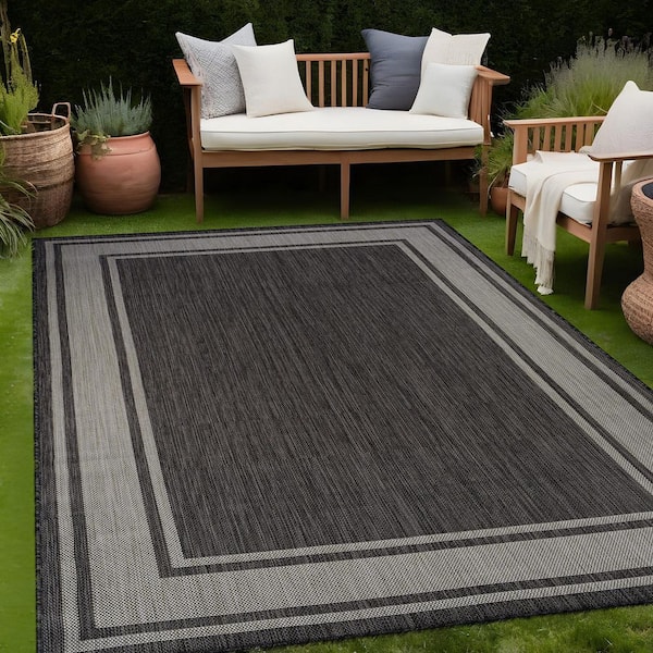 Essence Dark Gray/Gray 9 x 12 ft. Bordered Easy to Clean Indoor Outdoor Area Rug