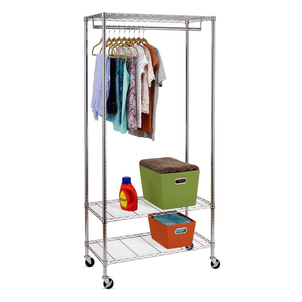 Chrome Steel 3-Shelf Rolling Garment Rack with Hanging Bar