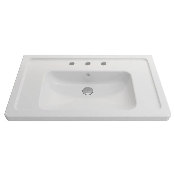 BOCCHI Taormina Matte White 33.75 in. 3-Hole Fireclay Rectangular Wall-Mounted Sink with Overflow