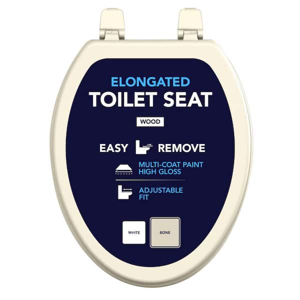 Elongated Toilet Seat with Easy Removal in Bone Molded Wood, Standard Size Fit